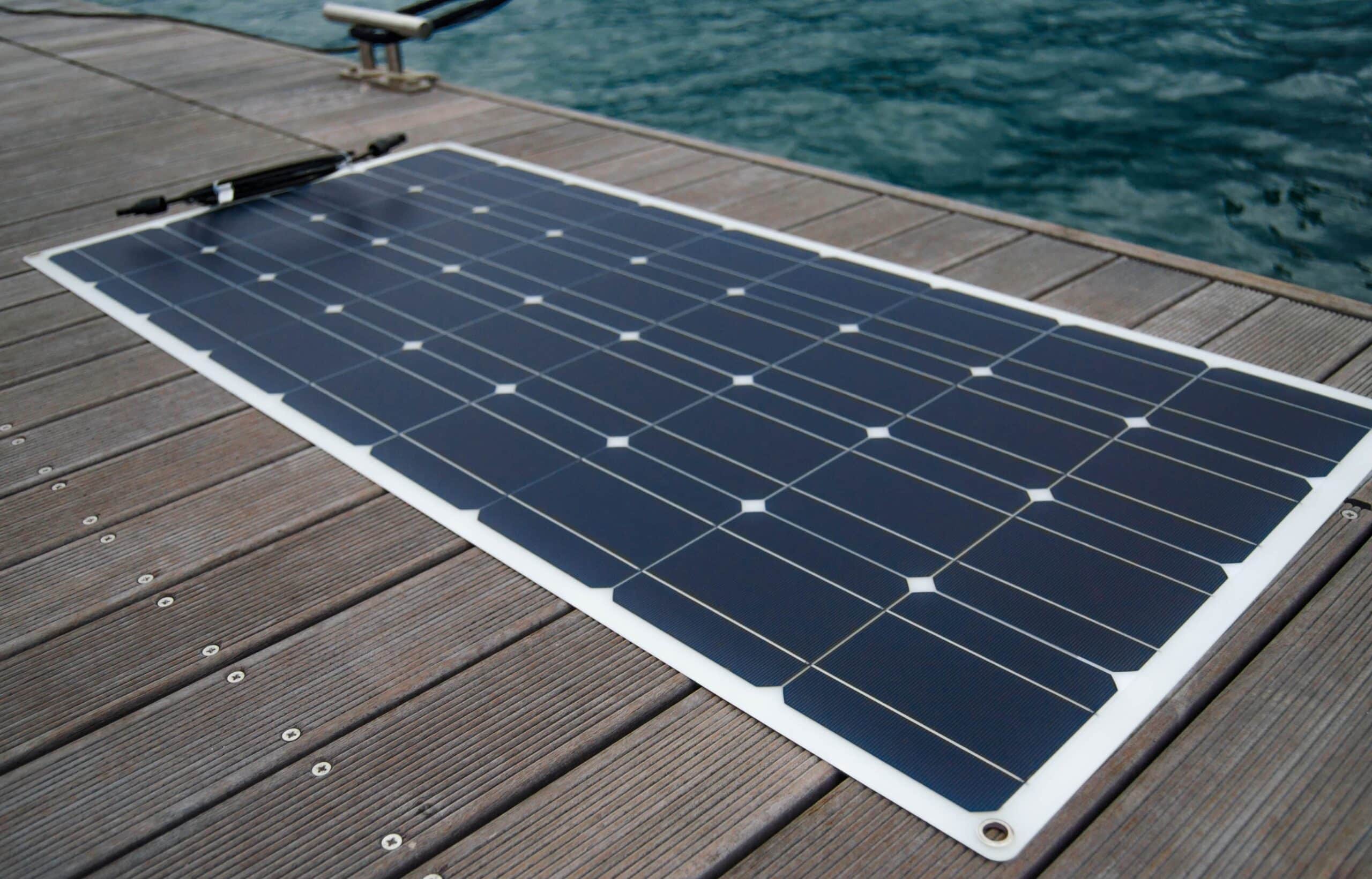 A flexible solar panel on a dock.